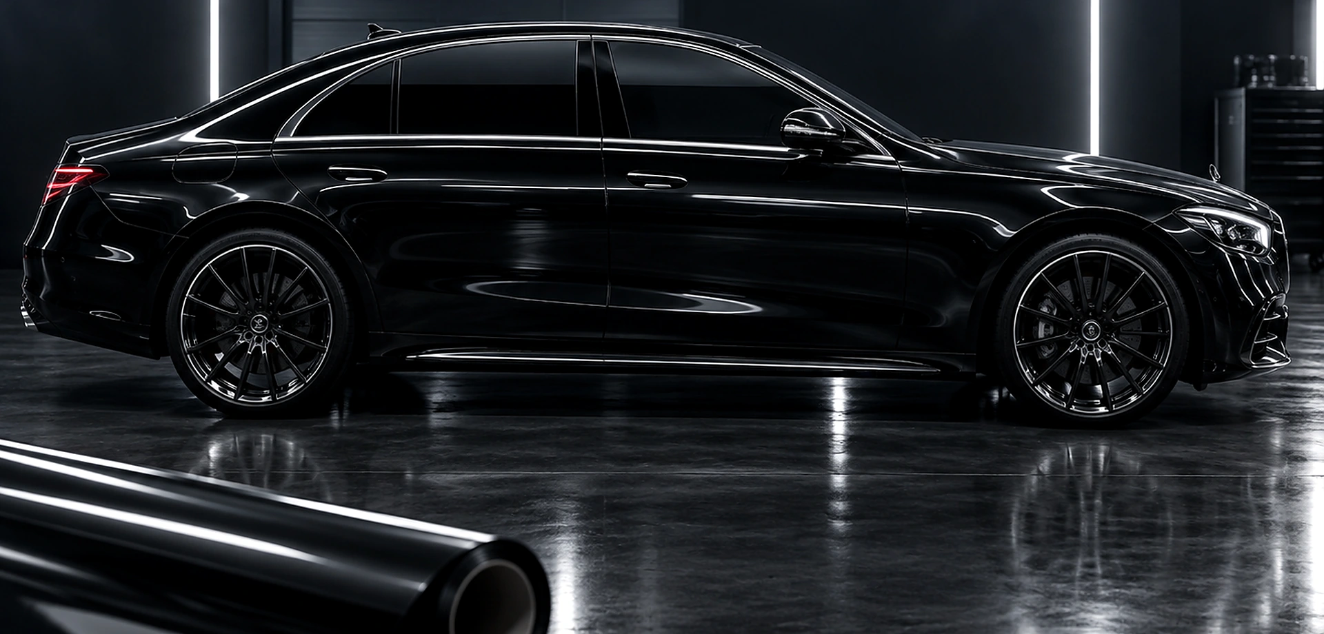 Automotive window tint on luxury black sedan